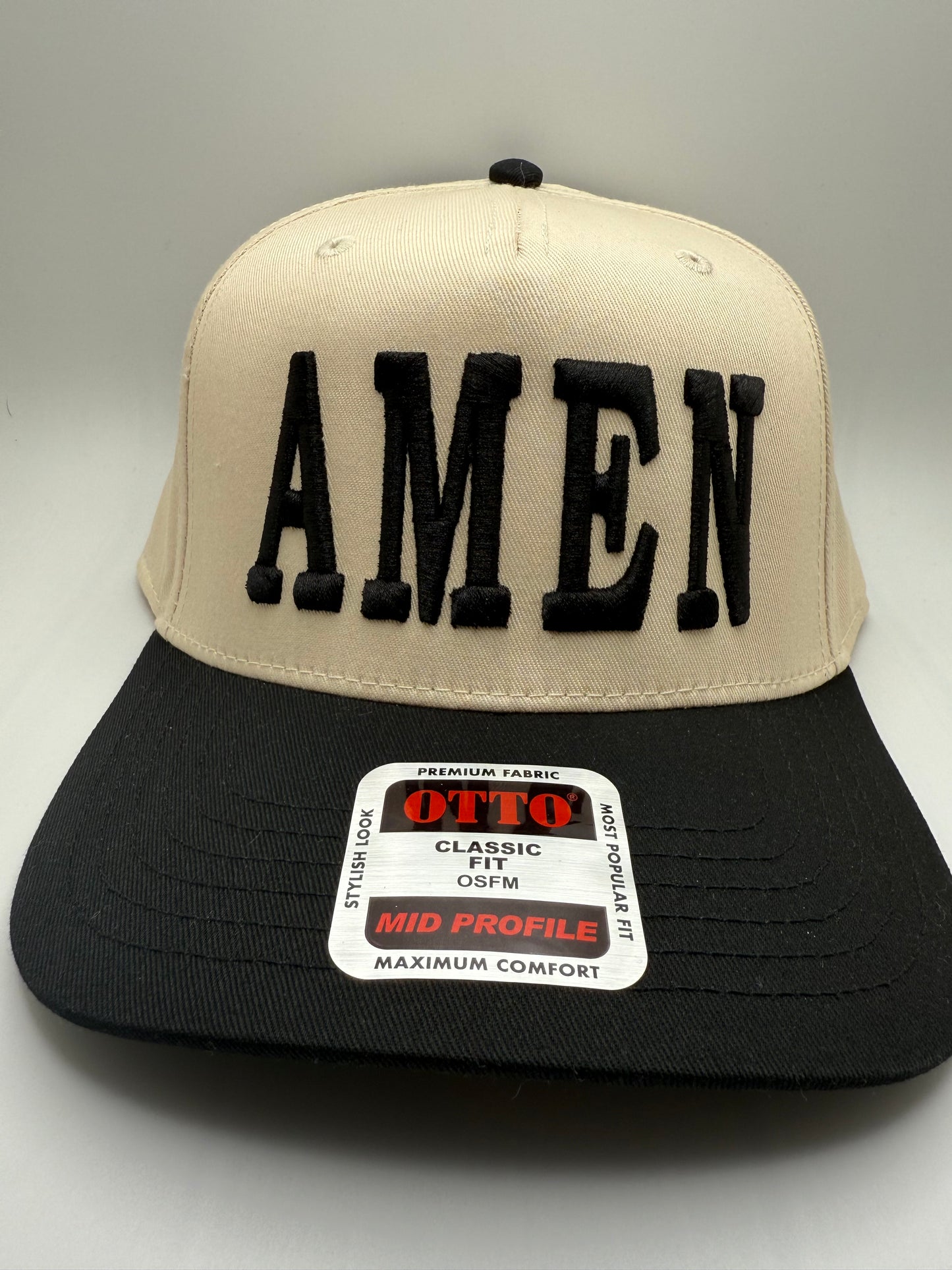 Amen 3D Puff Embroidery on a Otto Natual/Black Hat