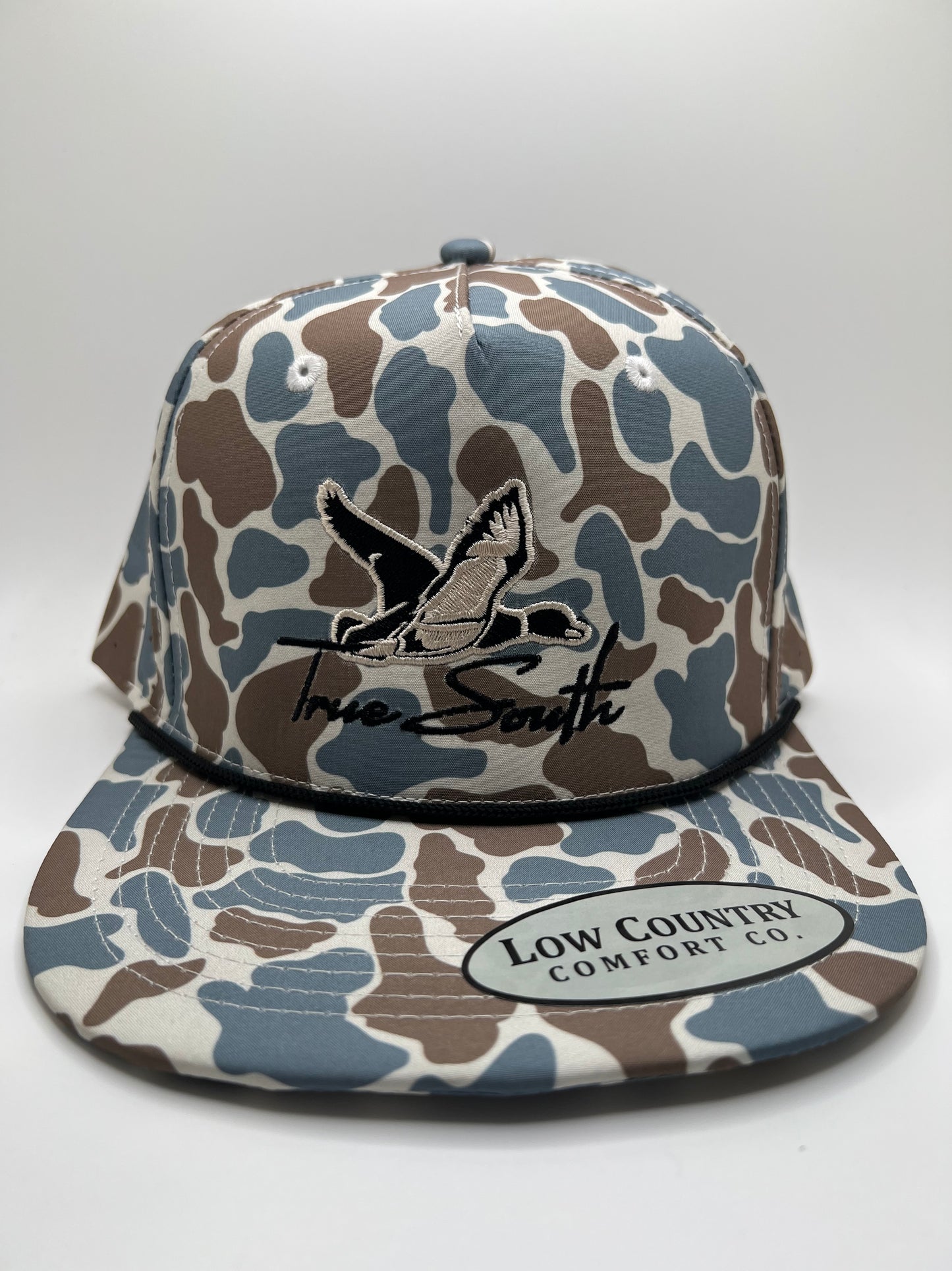 True South Duck Embroidery on a Blue Camo 5 Panel Performance Rope Hat