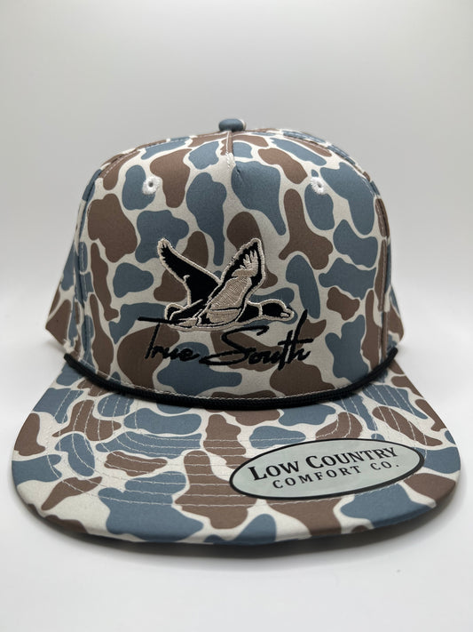 True South Duck Embroidery on a Blue Camo 5 Panel Performance Rope Hat