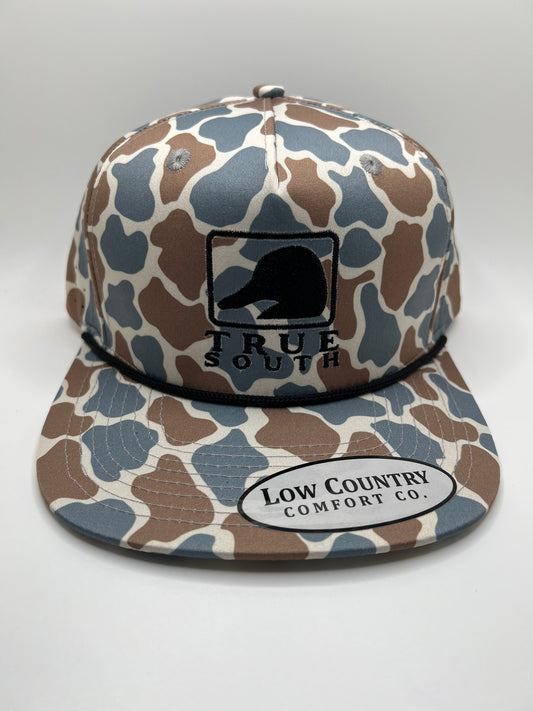 True South Square Duck Embroidery on a Blue Camo 5 Panel Performance Rope Hat